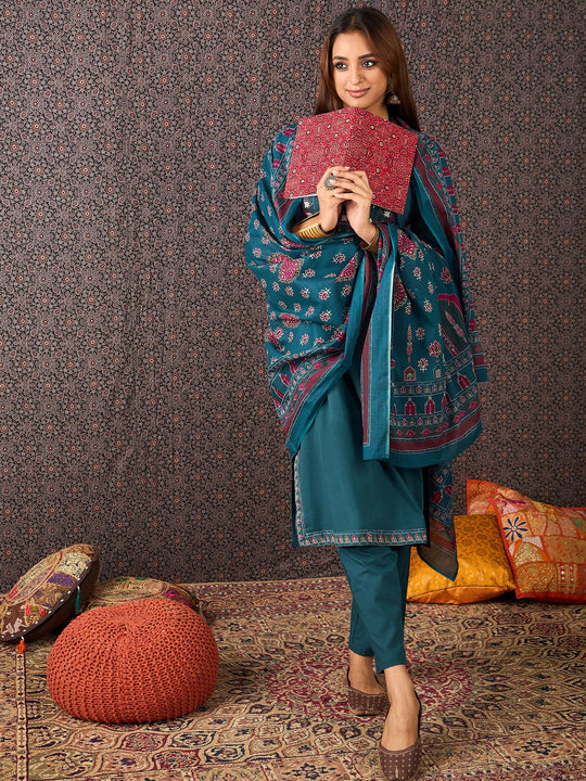 Teal Printed Pure Cotton Straight Kurta Sets With Dupatta