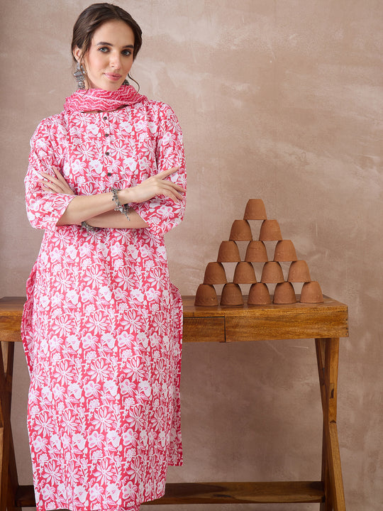 Indo Era Pink Printed Straight Kurta Trousers With Dupatta set
