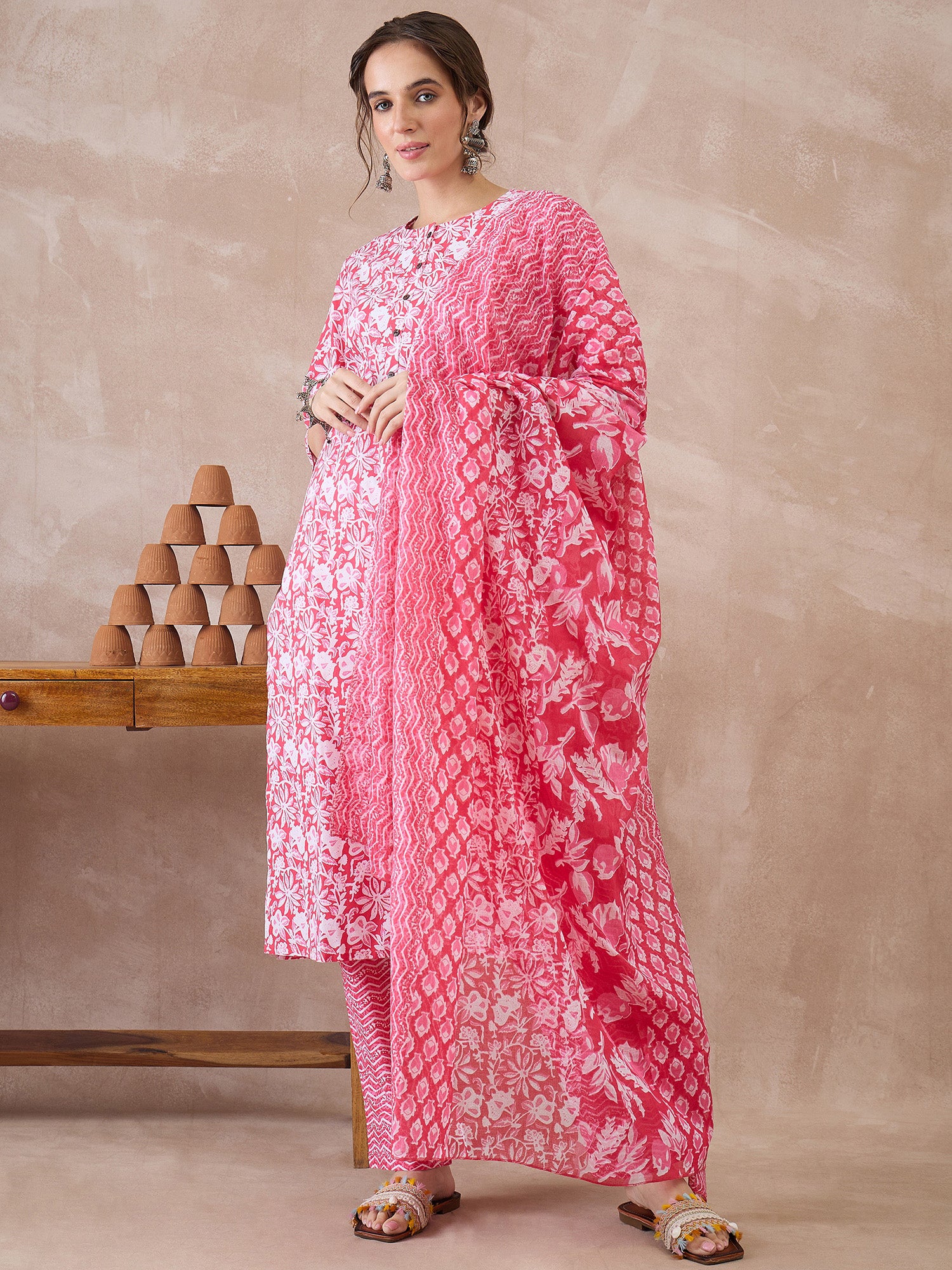 Indo Era Pink Printed Straight Kurta Trousers With Dupatta set