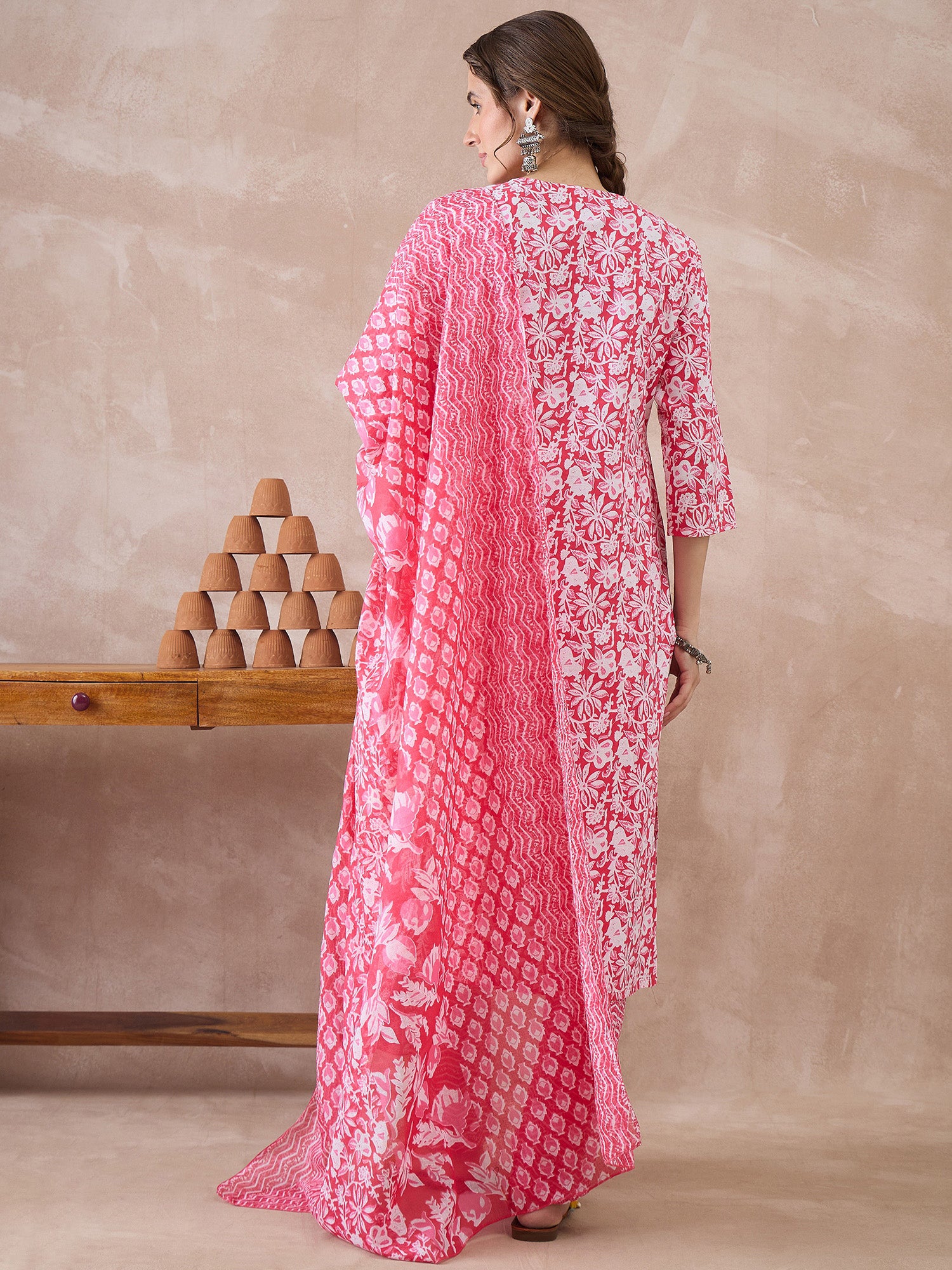 Indo Era Pink Printed Straight Kurta Trousers With Dupatta set