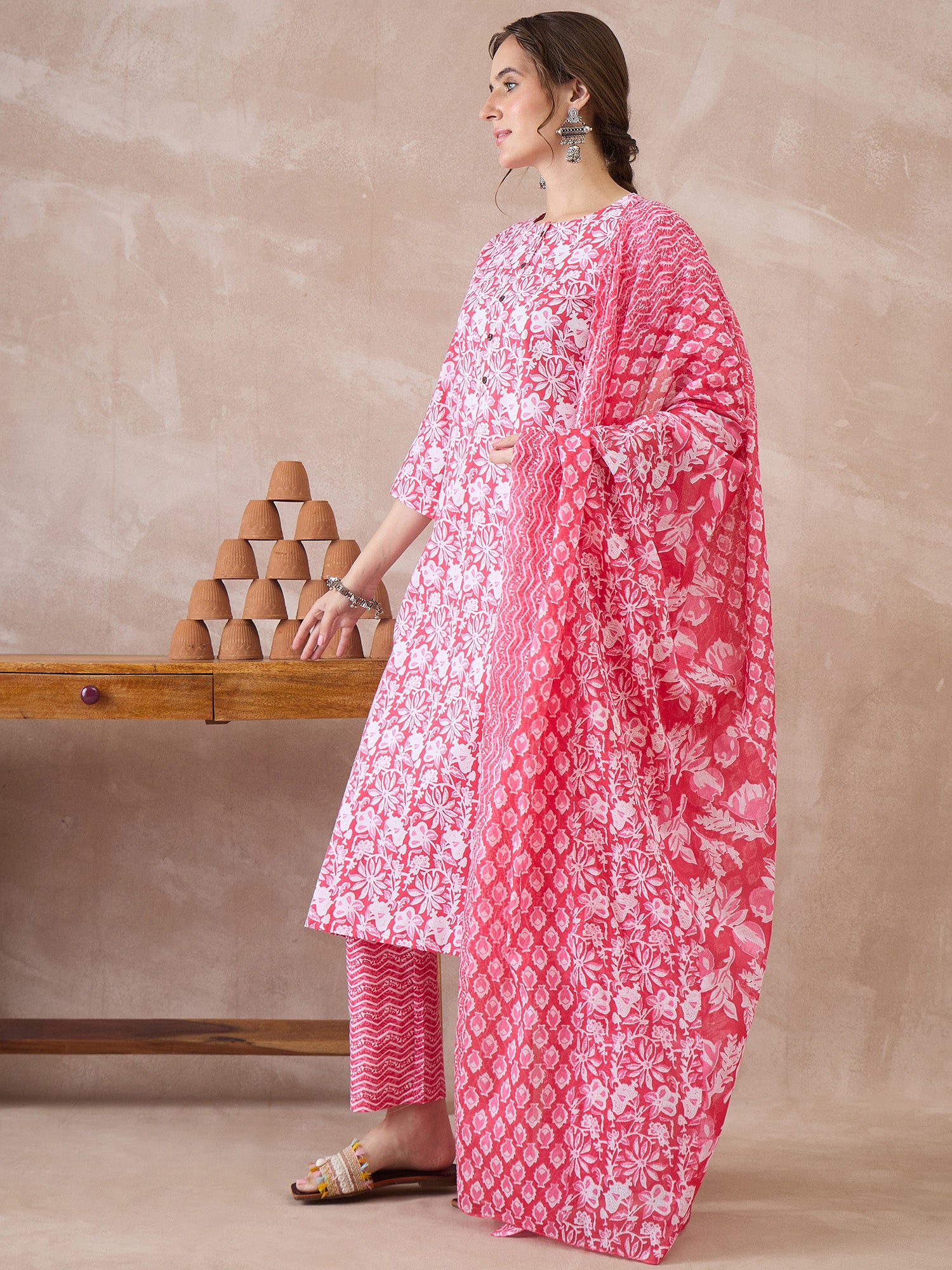 Indo Era Pink Printed Straight Kurta Trousers With Dupatta set