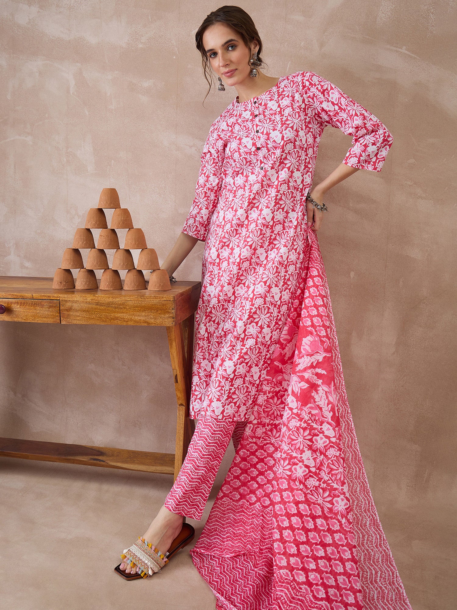 Indo Era Pink Printed Straight Kurta Trousers With Dupatta set