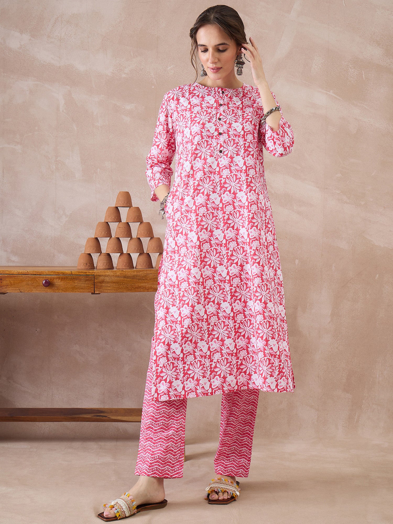 Indo Era Pink Printed Straight Kurta Trousers With Dupatta set