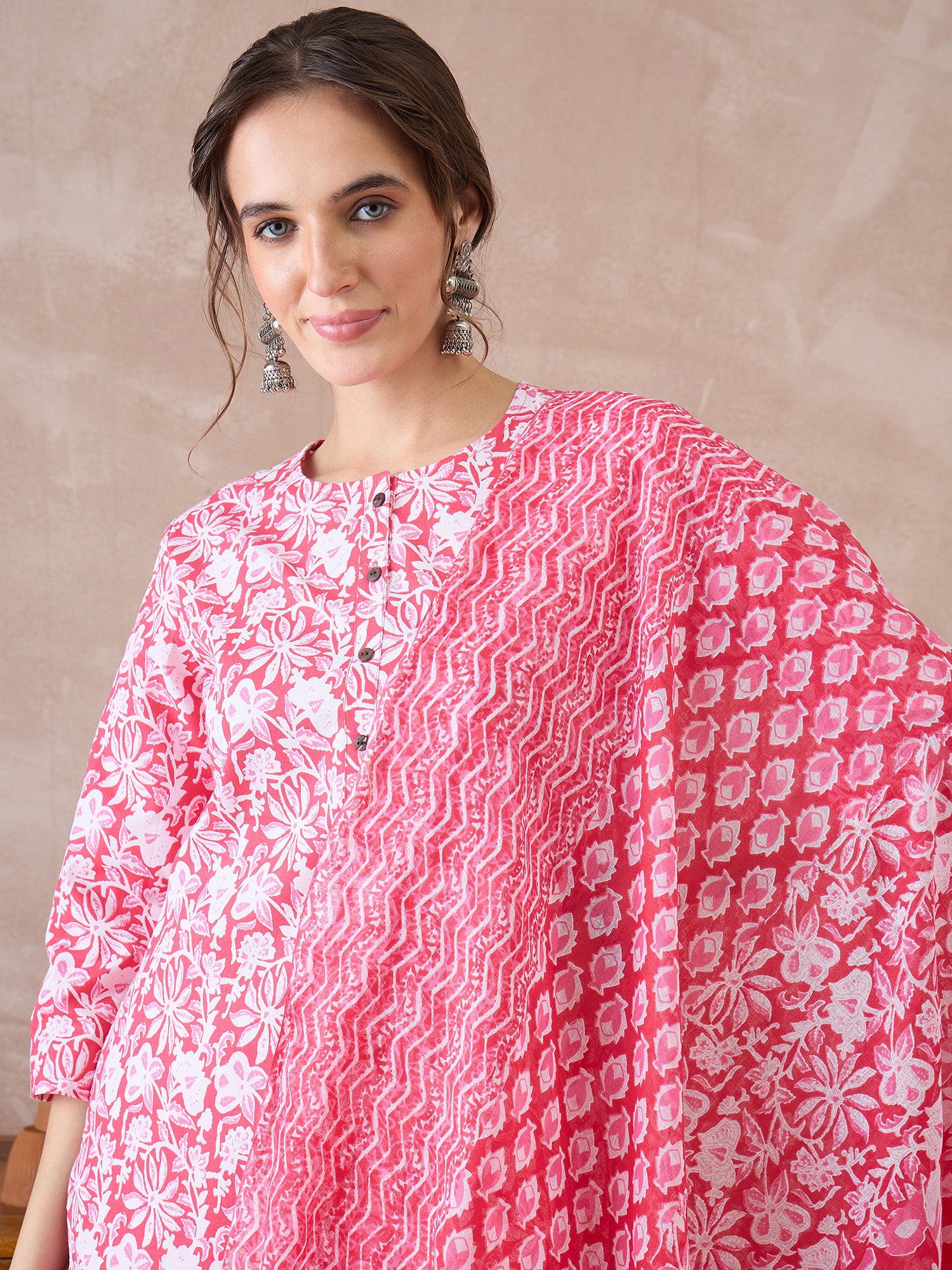 Indo Era Pink Printed Straight Kurta Trousers With Dupatta set