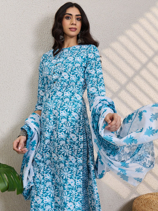 Blue Printed Pure Cotton Straight Suit Sets With Dupatta