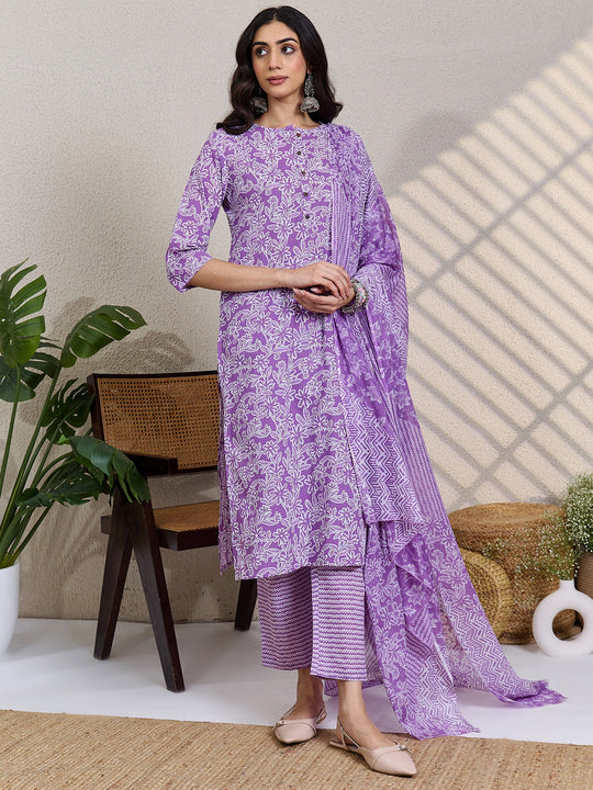 Purple Printed Pure Cotton Straight Suit Sets With Dupatta