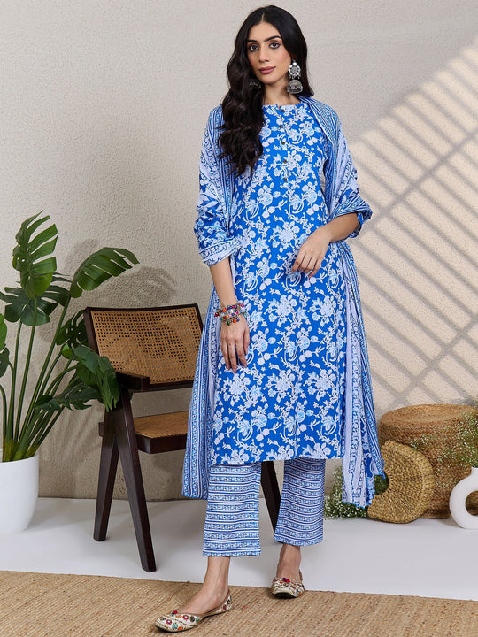 Blue Printed Pure Cotton Straight Suit Sets With Dupatta