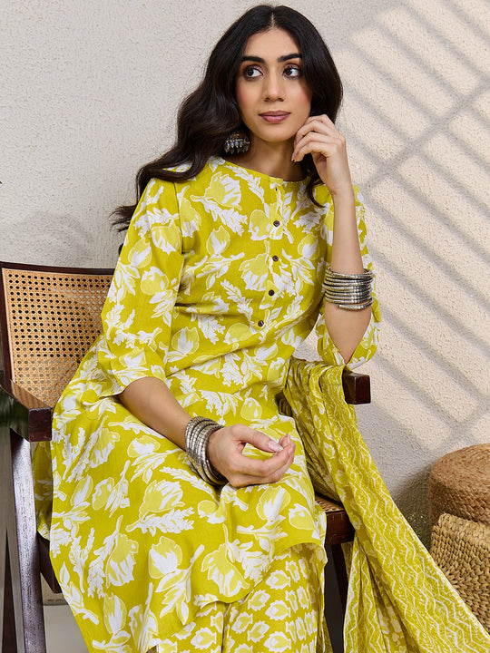Green Printed Pure Cotton Straight Suit Sets With Dupatta
