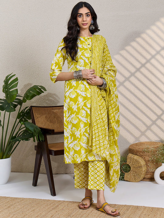 Green Printed Pure Cotton Straight Suit Sets With Dupatta