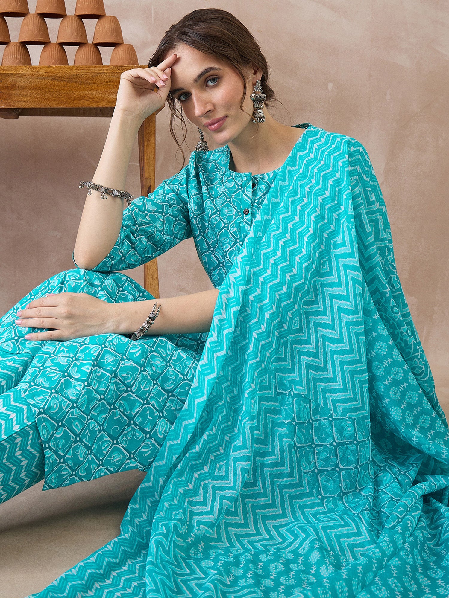 Indo Era Blue Printed Straight Kurta Trousers With Dupatta set