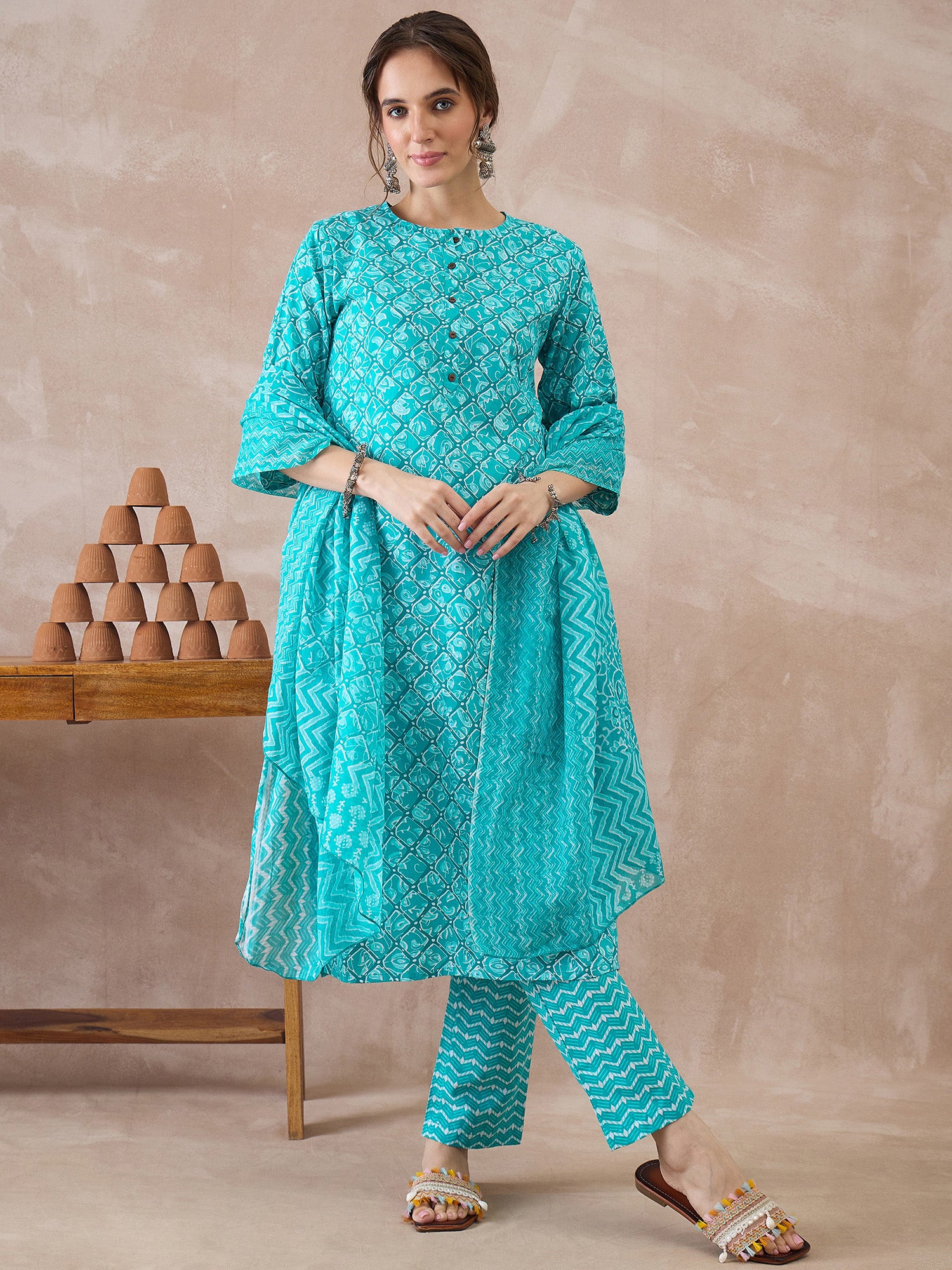 Indo Era Blue Printed Straight Kurta Trousers With Dupatta set