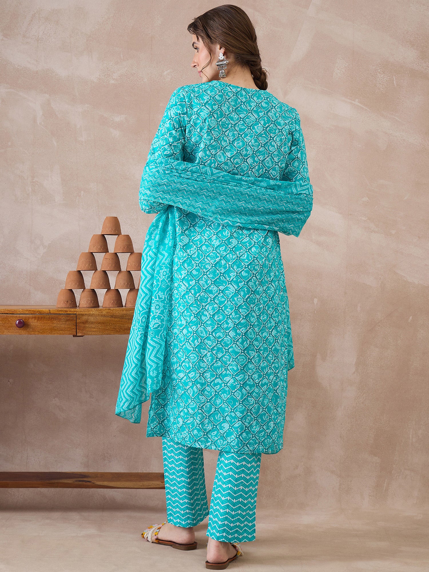 Indo Era Blue Printed Straight Kurta Trousers With Dupatta set