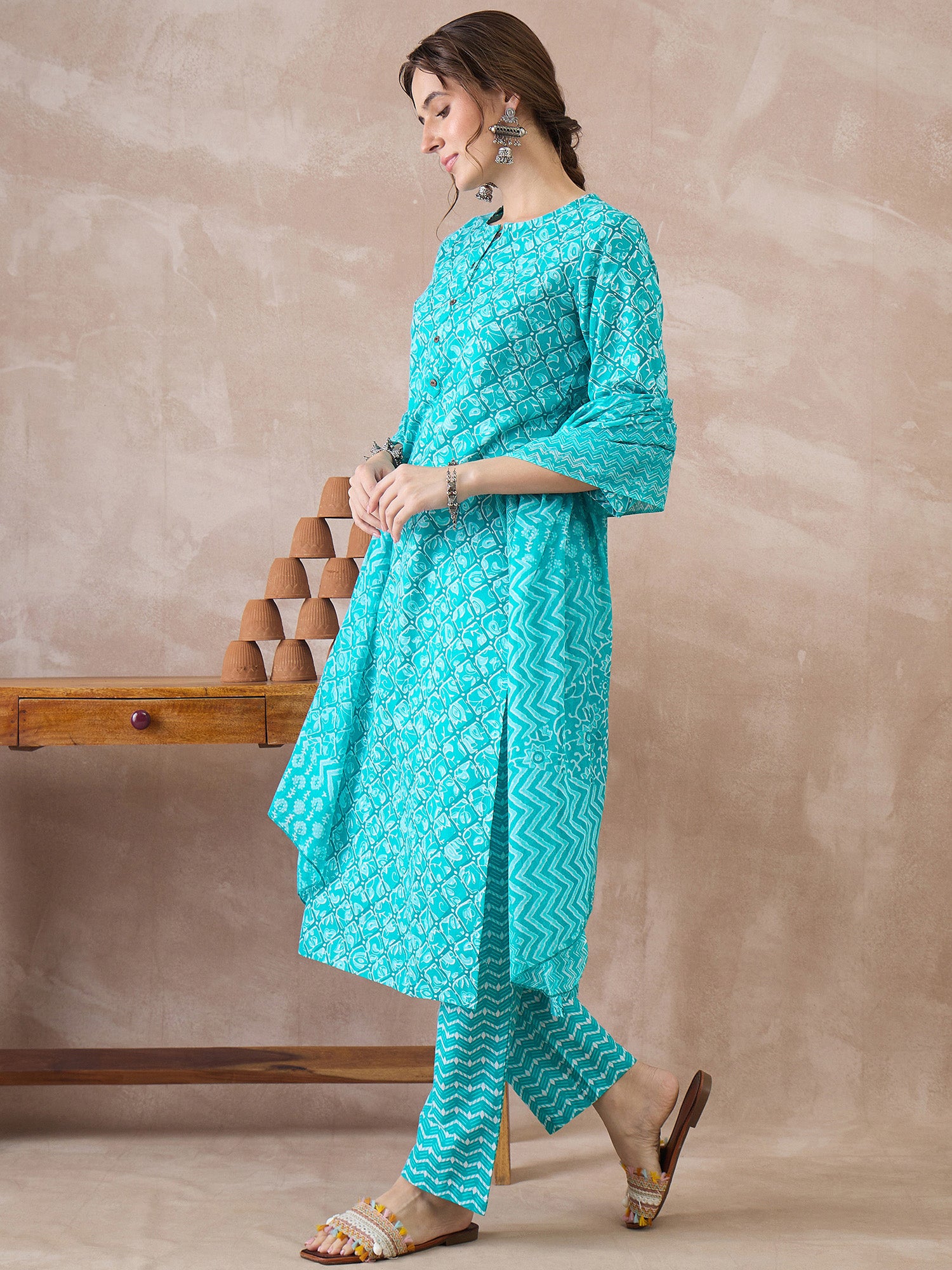 Indo Era Blue Printed Straight Kurta Trousers With Dupatta set