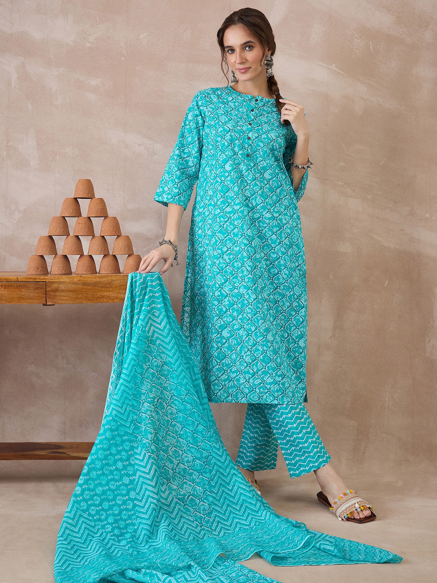 Indo Era Blue Printed Straight Kurta Trousers With Dupatta set