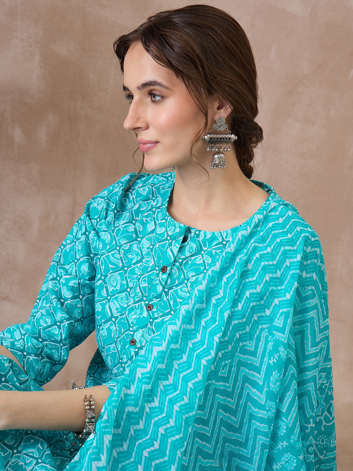 Indo Era Blue Printed Straight Kurta Trousers With Dupatta set