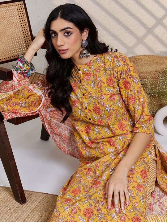 Yellow Printed Pure Cotton Straight Suit Sets With Dupatta