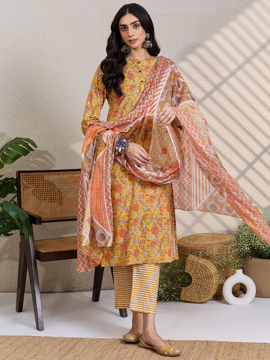 Yellow Printed Pure Cotton Straight Suit Sets With Dupatta