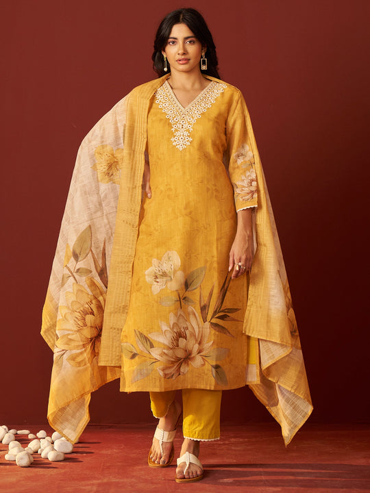 Mustard Embroidered Pure Cotton Straight Women Kurta Trouser With Dupatta