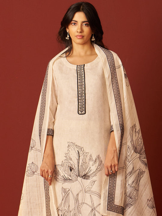White Printed Linen Straight Women Kurta Trouser With Dupatta