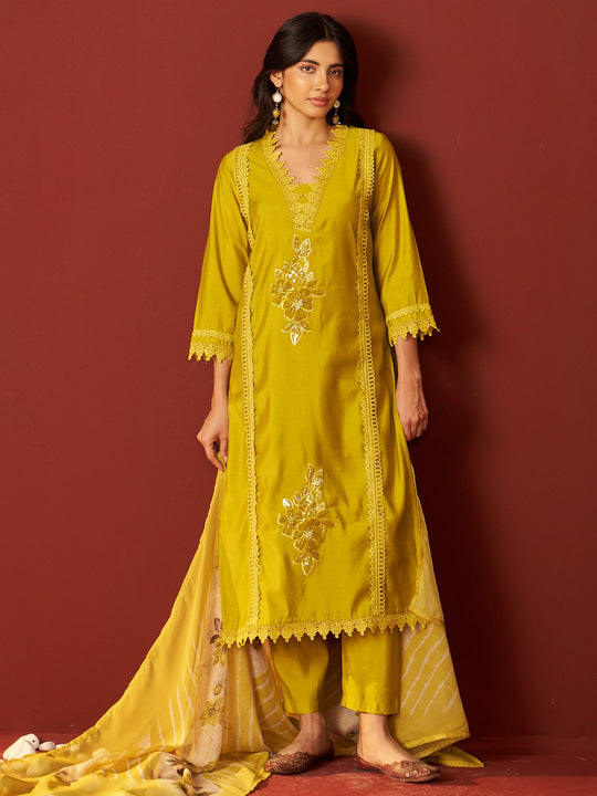 Mustard Embroidered Silk Blend Straight Women Kurta Trouser With Dupatta