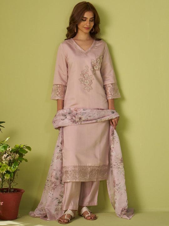 Pink Embroidered Silk Blend Straight Women Kurta Trouser With Dupatta