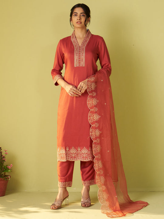 Rust Embroidered Silk Blend Straight Women Kurta Trouser With Dupatta