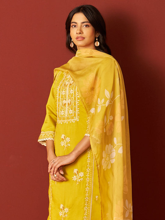Mustard Embroidered Silk Blend Straight Women Kurta Trouser With Dupatta