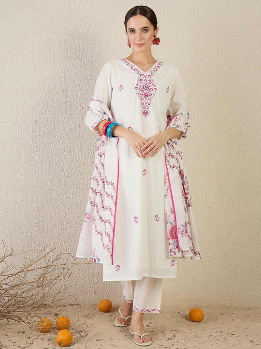 White Embroidered Pure Cotton Straight Kurta Sets With Dupatta