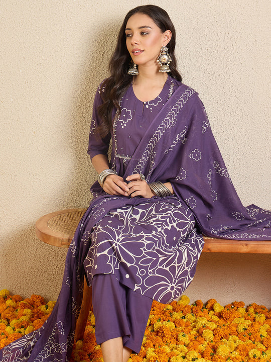 Purple Printed Pure Cotton A-Line Kurta Sets With Dupatta