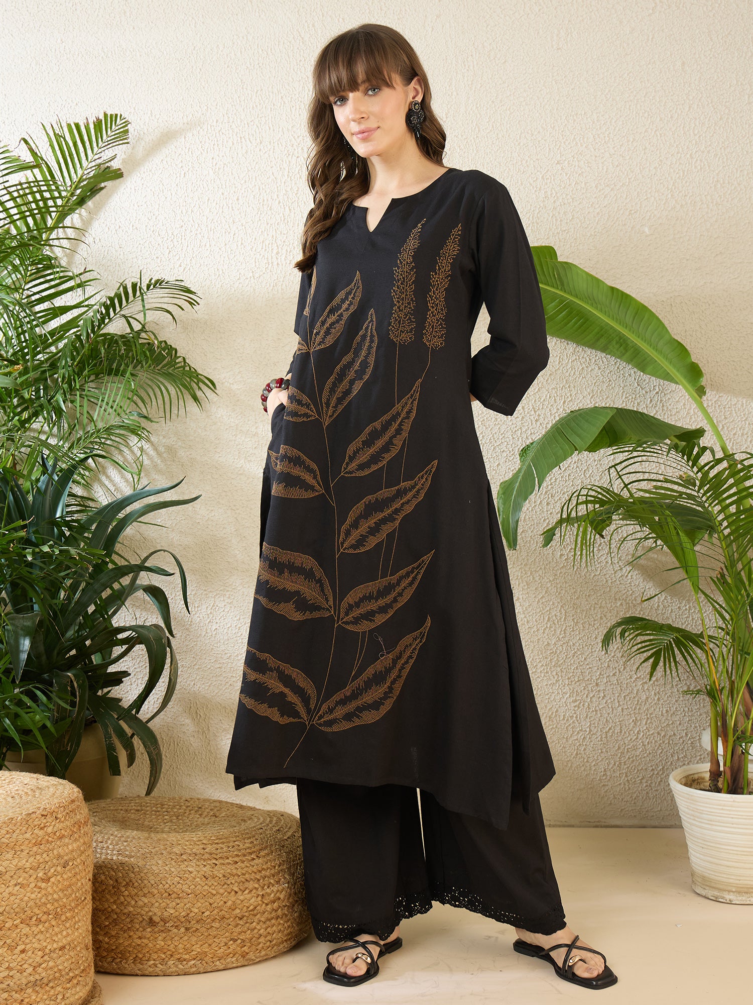 Black Embroidered Pure Cotton Straight Kurta Palazzo Set