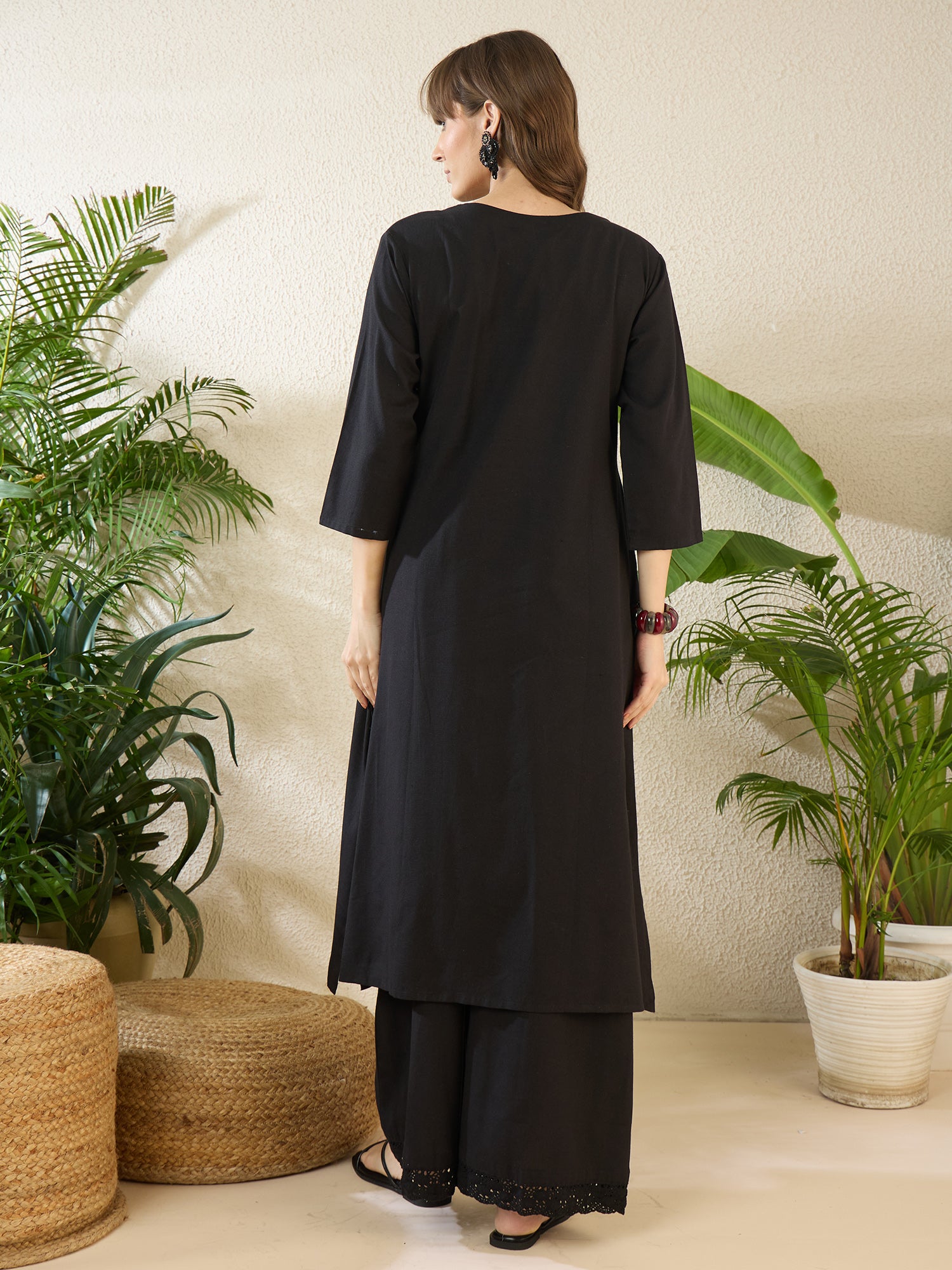 Black Embroidered Pure Cotton Straight Kurta Palazzo Set