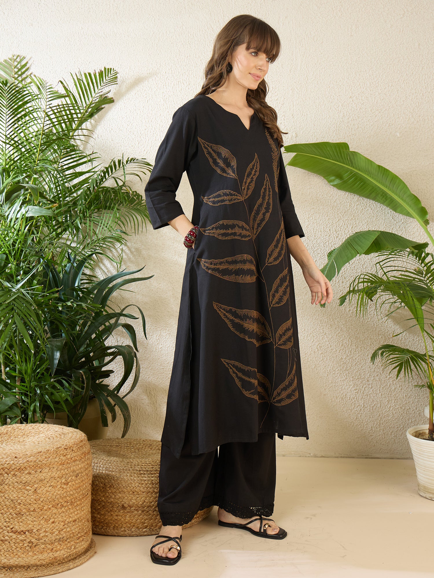 Black Embroidered Pure Cotton Straight Kurta Palazzo Set