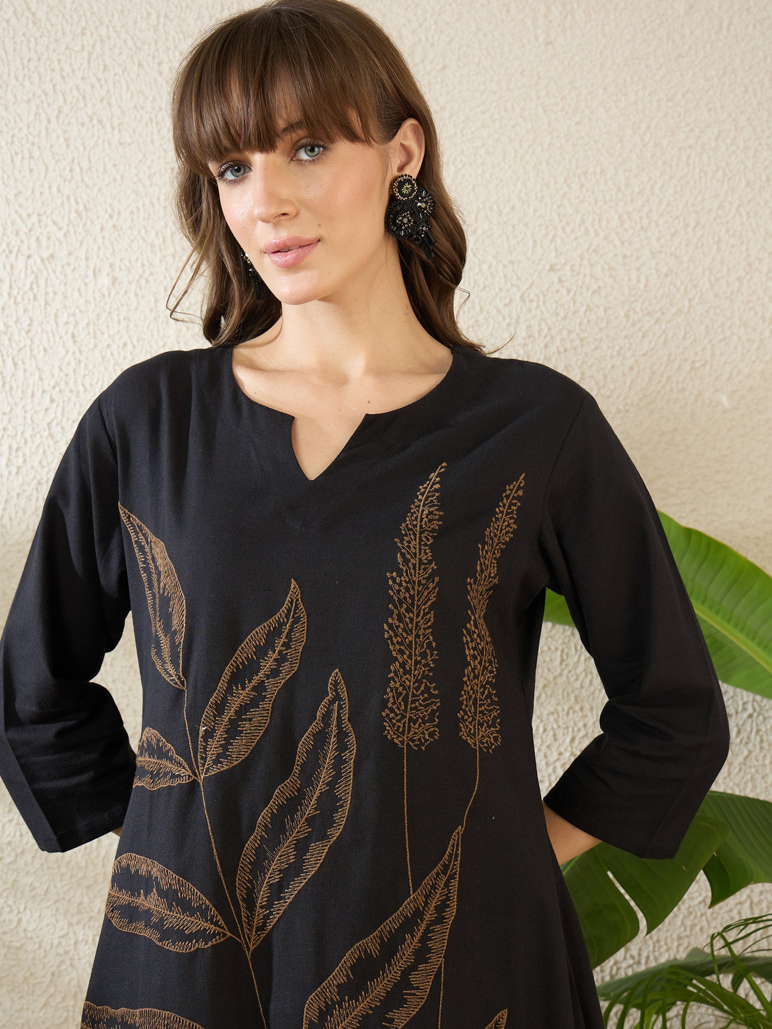 Black Embroidered Pure Cotton Straight Kurta Palazzo Set