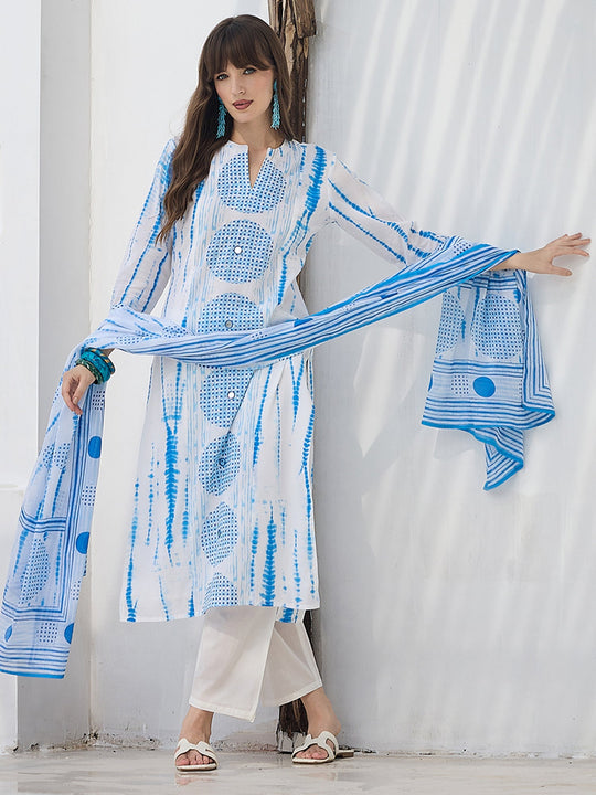 White Printed Pure Cotton Straight Suit Sets With Dupatta