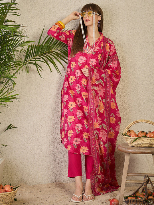 Pink Printed Pure Cotton A-Line Kurta Sets With Dupatta