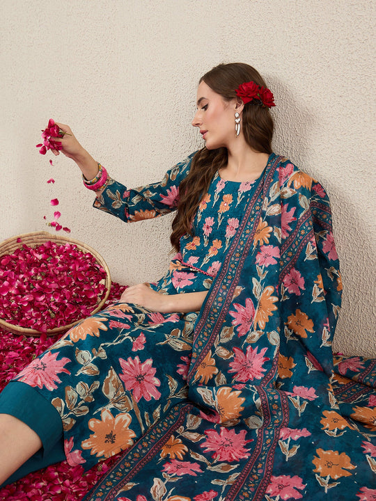 Blue Printed Pure Cotton Straight Kurta Sets With Dupatta