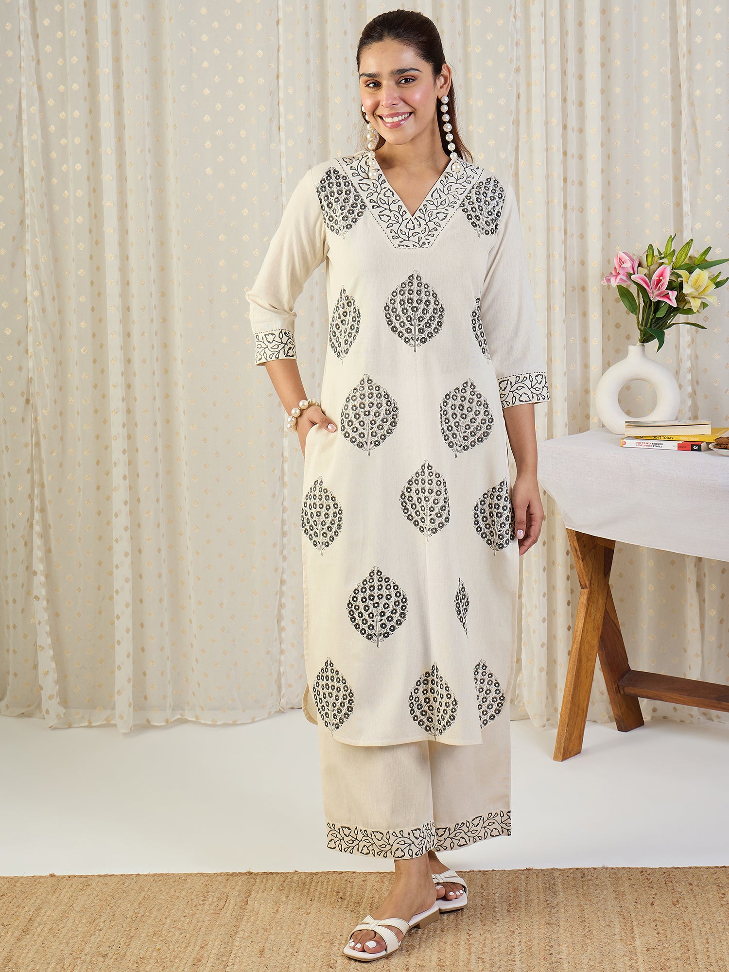 Indo Era White Printed Straight Kurta Palazzos set
