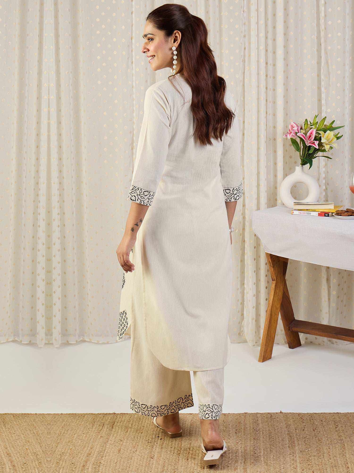 Indo Era White Printed Straight Kurta Palazzos set