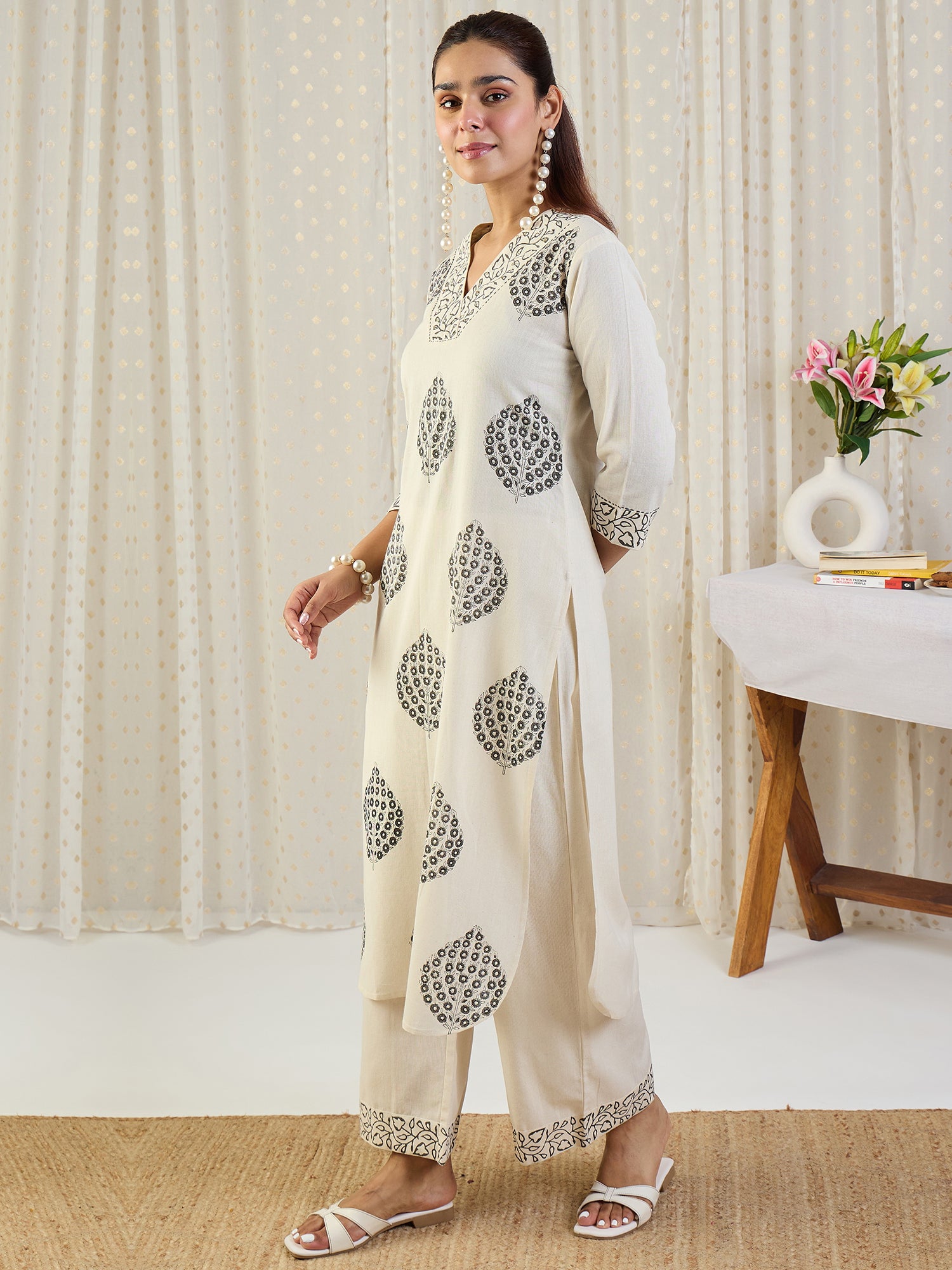 Indo Era White Printed Straight Kurta Palazzos set