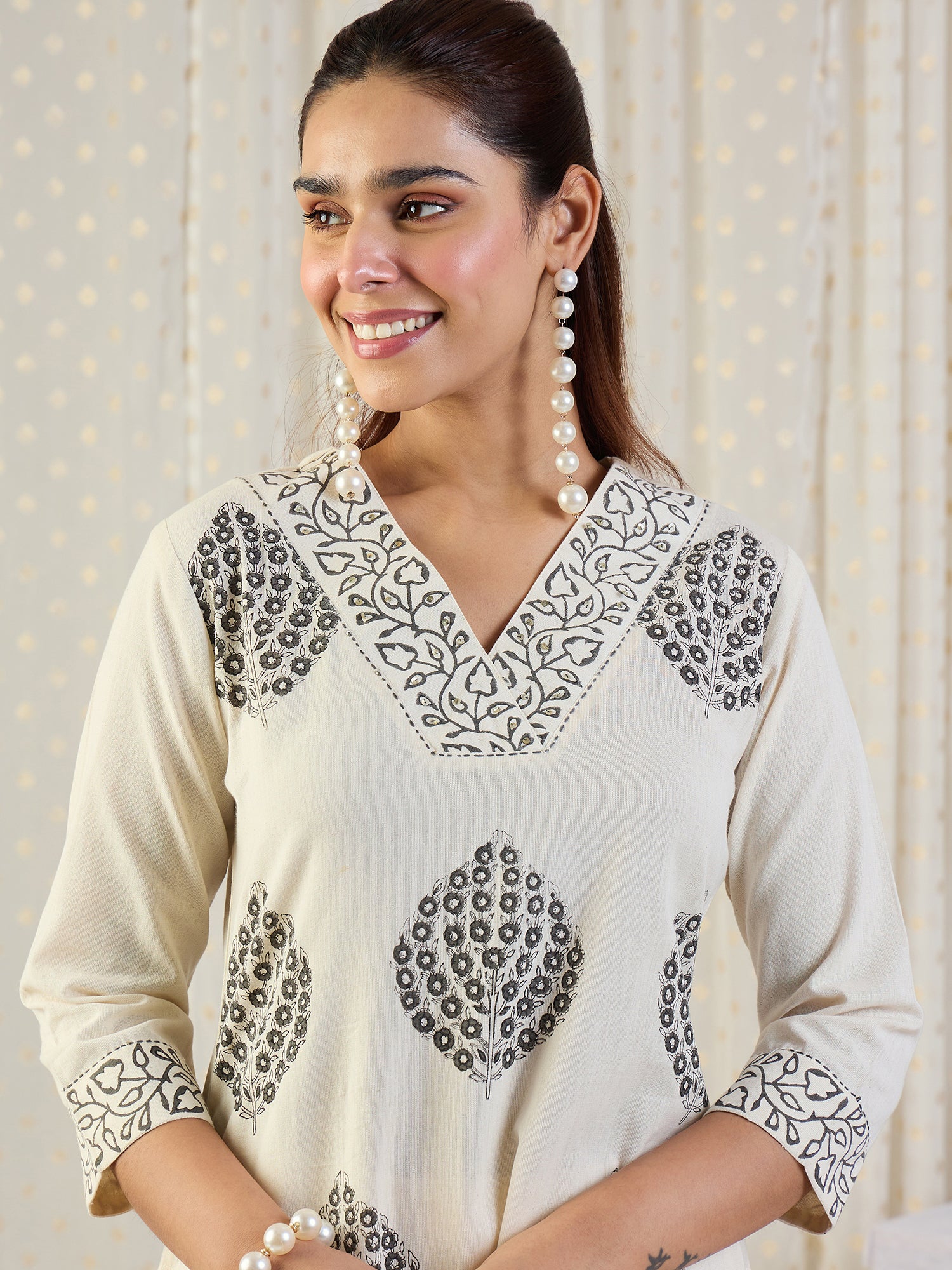 Indo Era White Printed Straight Kurta Palazzos set