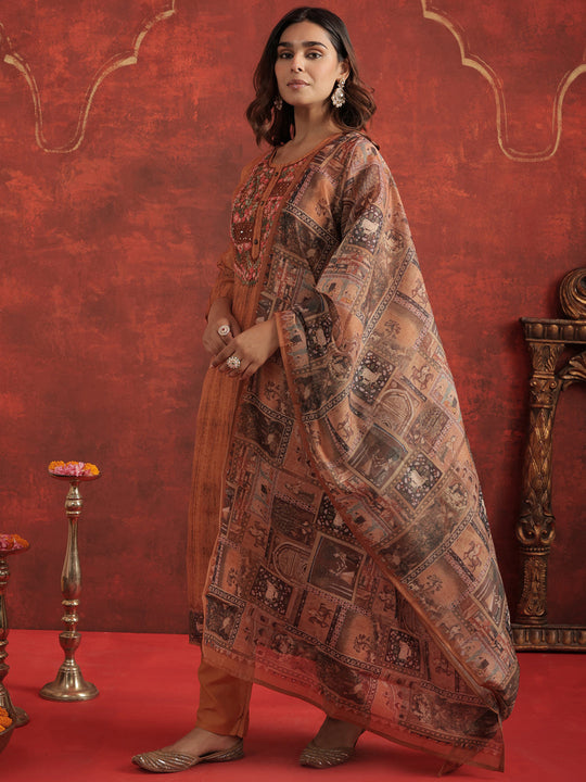 Rust Embroidered Chanderi Cotton Straight Kurta Sets With Dupatta
