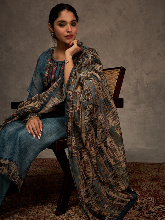 Blue Embroidered Chanderi Cotton Straight Suit Sets With Dupatta