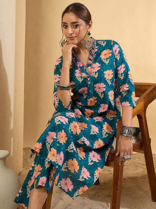 Blue Printed Pure Cotton Straight Kurta With Trouser Set