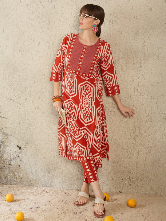 Rust Printed Pure Cotton Straight Kurta Trouser Set