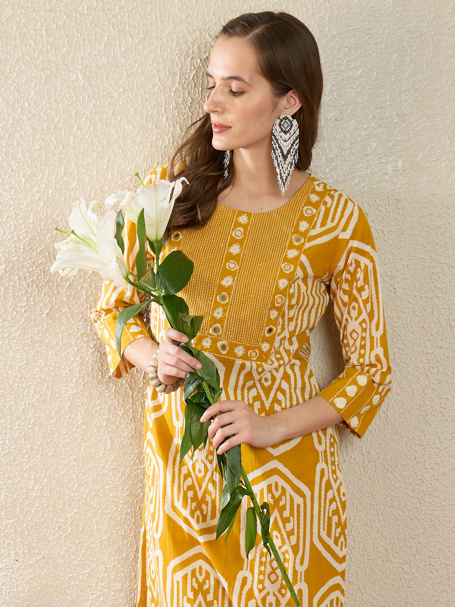 Mustard Printed Pure Cotton Straight Round Neck Kurta Trouser Set