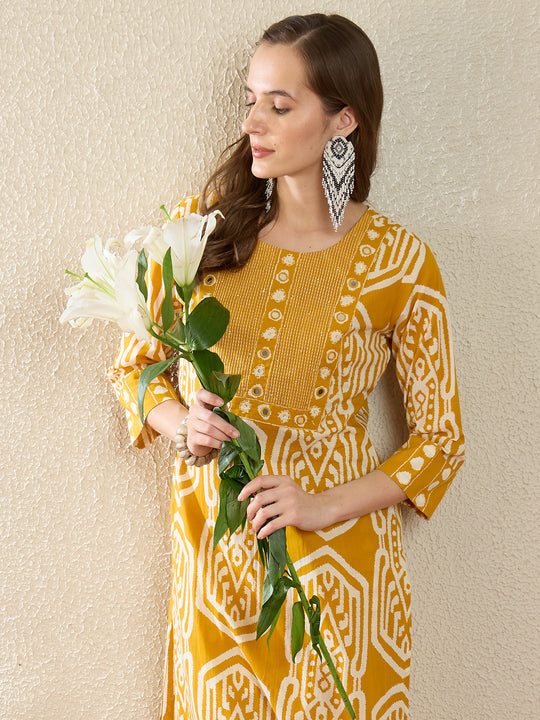 Mustard Printed Pure Cotton Straight Round Neck Kurta Trouser Set