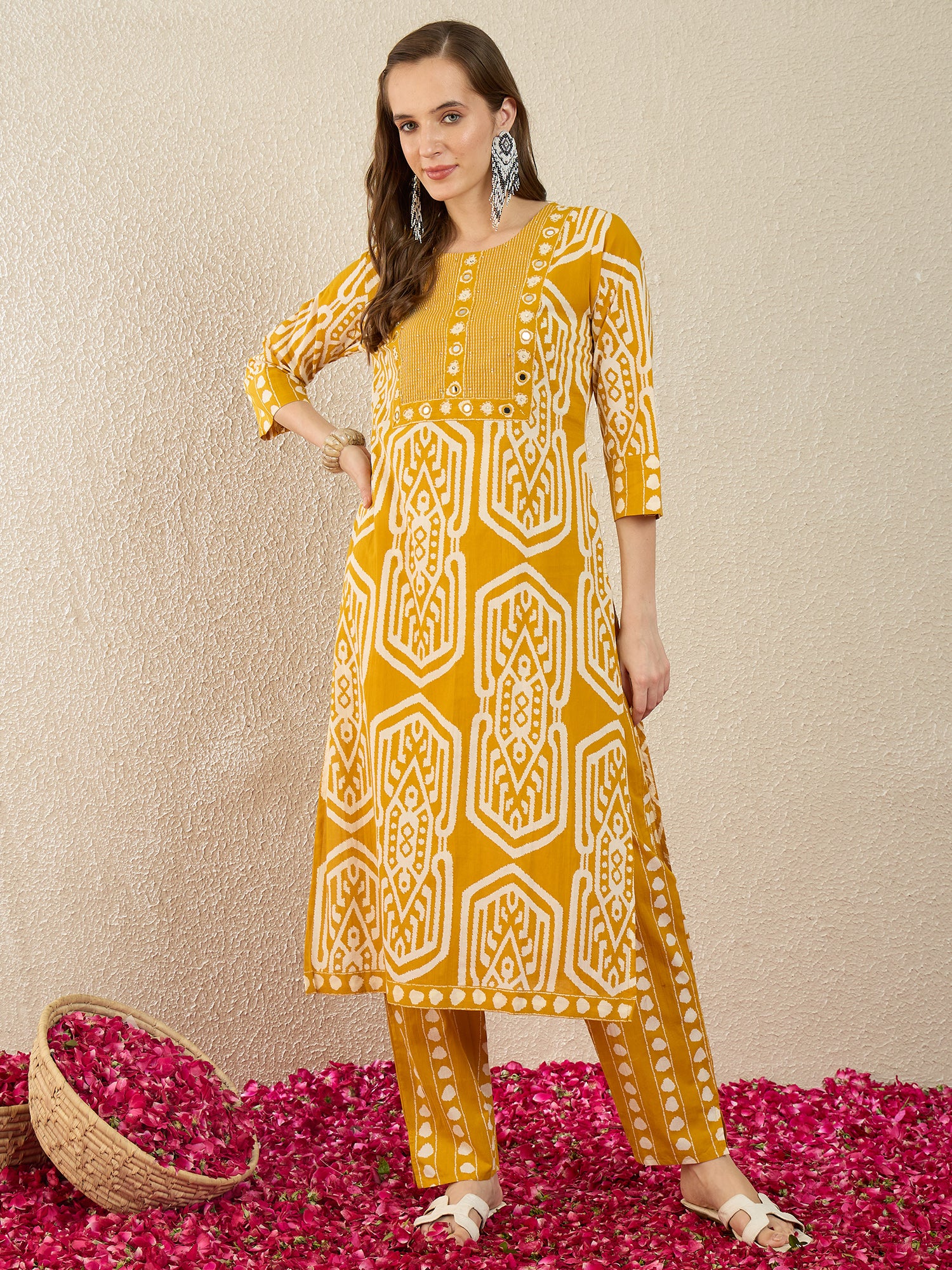 Mustard Printed Pure Cotton Straight Round Neck Kurta Trouser Set