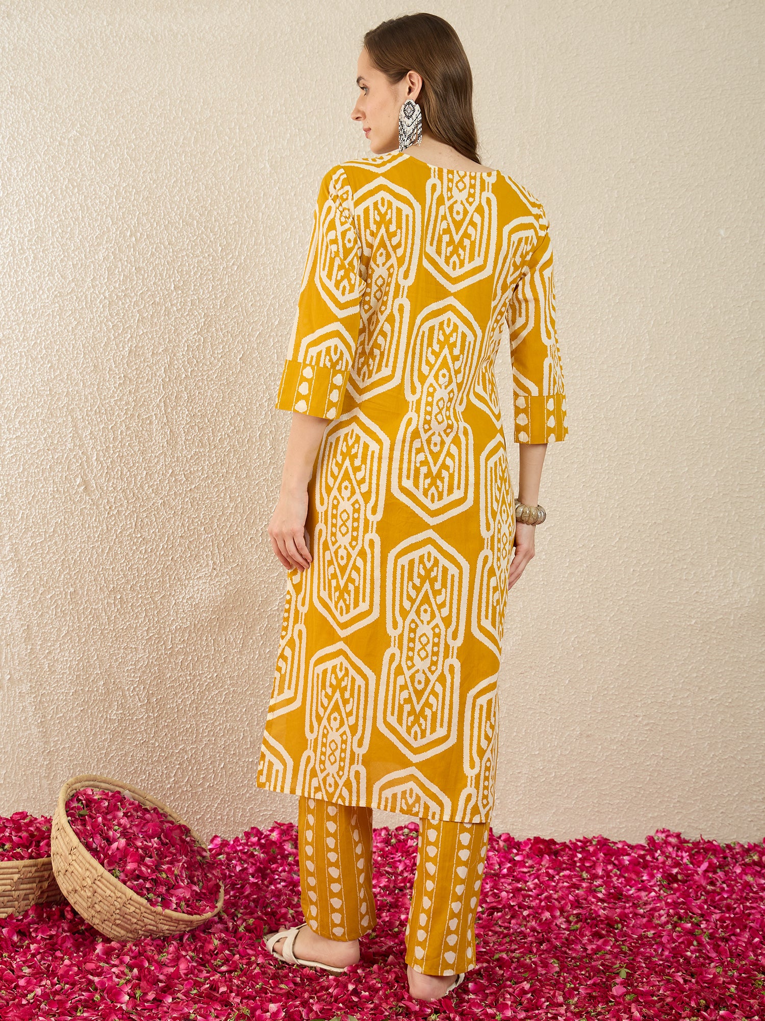 Mustard Printed Pure Cotton Straight Round Neck Kurta Trouser Set