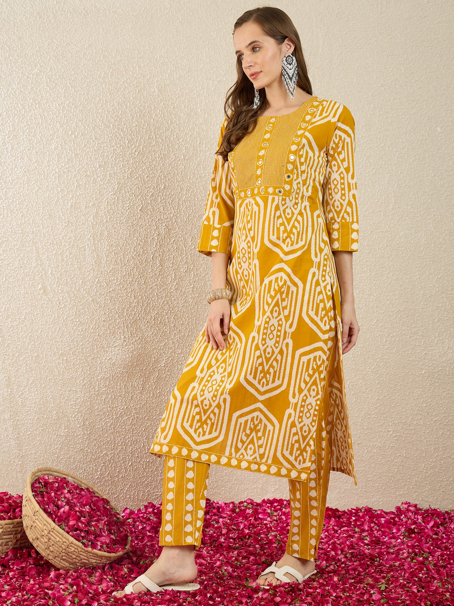 Mustard Printed Pure Cotton Straight Round Neck Kurta Trouser Set