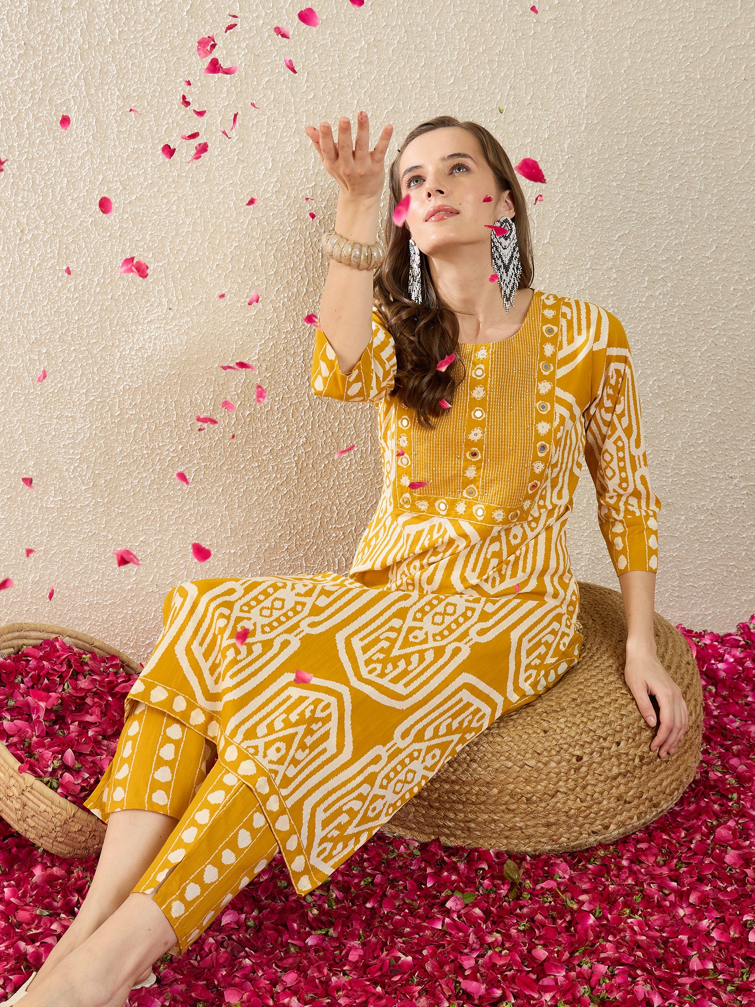 Mustard Printed Pure Cotton Straight Round Neck Kurta Trouser Set